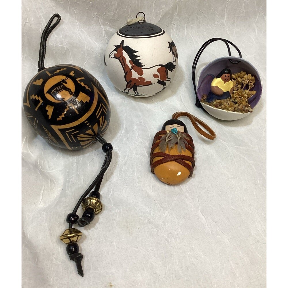 Native American Pottery Hanging Ornaments Hand Painted Signed Gourd Horses Baby
